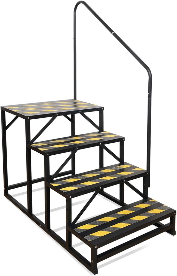 4 Step RV Stairs, Hot Tub Steps, Outdoor Spa Step Ladder with Handrail,Portable Economy 5th Wheel Stair for Travel Trailer, Motor Home, Camper and Porch with Non-Skid Tapes