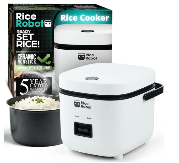 Rice Robot Personal Rice Cooker, PFAS-free, Nonstick. 1 Quart Capacity, with Stainless Steel Steamer Tray, Measuring Cups, Recipe Book with 60 Recipes, and Serving Spoon, As Seen On TV