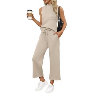 WIHOLL 2 Piece Sets for Women Summer Travel Vacation Outfits Casual Mock Neck Wide Leg Crop Pants Lounge Sets (Large, Beige)