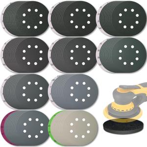 101PCS 5 inch Sanding Discs, 8 Holes Hook & Loop Wet Dry Sandpaper Orbital Sander Pads 80 180 240 400 600 800 1000 1500 2000 3000 Grit with Foam Pad, Sandpaper Assortment for Car Wood Metal