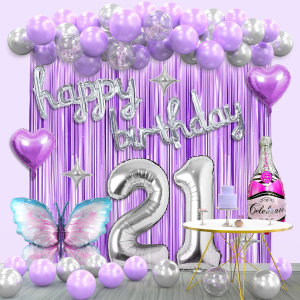 21st Birthday Decorations for Girls Her - Lavender Purple and Silver