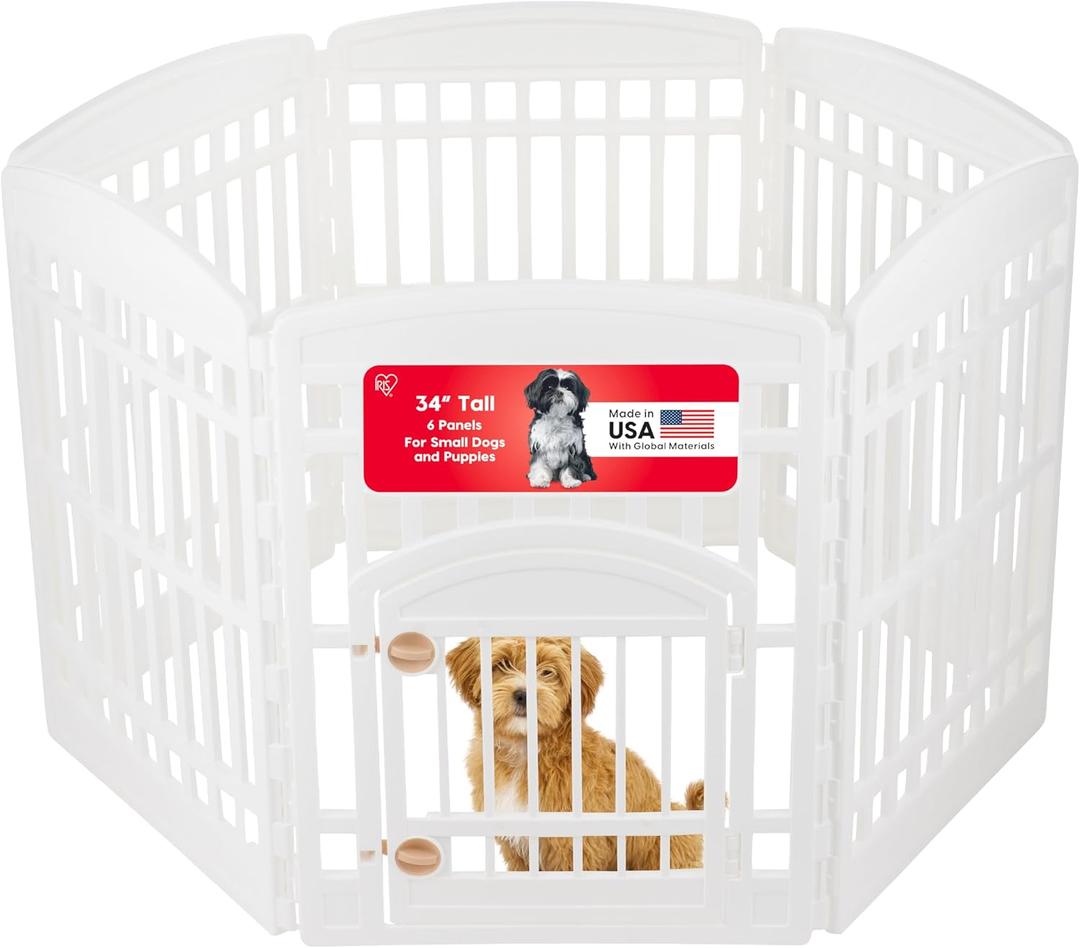 IRIS USA Dog Playpen with Door, 34 6 Panel Pet Exercise Pen Indoor Outdoor Puppy Play Pen, Portable Plastic Pet Fence for Small Medium Dogs, Foldable 44 x 63 x 34, White
