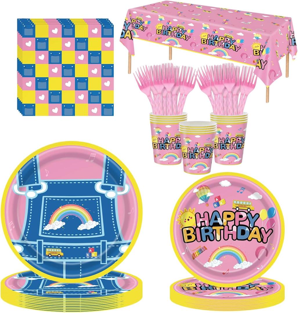 121PCS Cartoon Teacher Party Supplies for Girls Boys Kids Happy Birthday Party Decorations Plates and Napkins with Tablecloth Forks Cups Disposable Party Decoration for 24 Guests