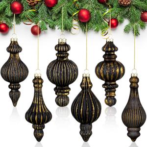 Pinkunn 6 Pcs 6.3 Inch Rustic Mercury Glass Finial Christmas Ornaments Vintage Mercury Glass Christmas Ornaments Farmhouse Hanging Decor for Xmas Tree Winter Holiday Decoration (Black,Golden)