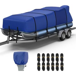 RVMasking Pontoon Boat Cover with Motor Cover, 1400D Heavy Duty Middle Reinforced, Marine Grade Waterproof Boat Cover for Length: 17'-20', Beam Width up to 102", Blue