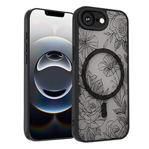 SobLn for iPhone 16e Case, Black Floral Flower Pattern Print Magnetic Case [Compatible with MagSafe] [Translucent Matte] Cute Slim Shockproof Protective Women Girls Phone Case 6.1", Floral Flower