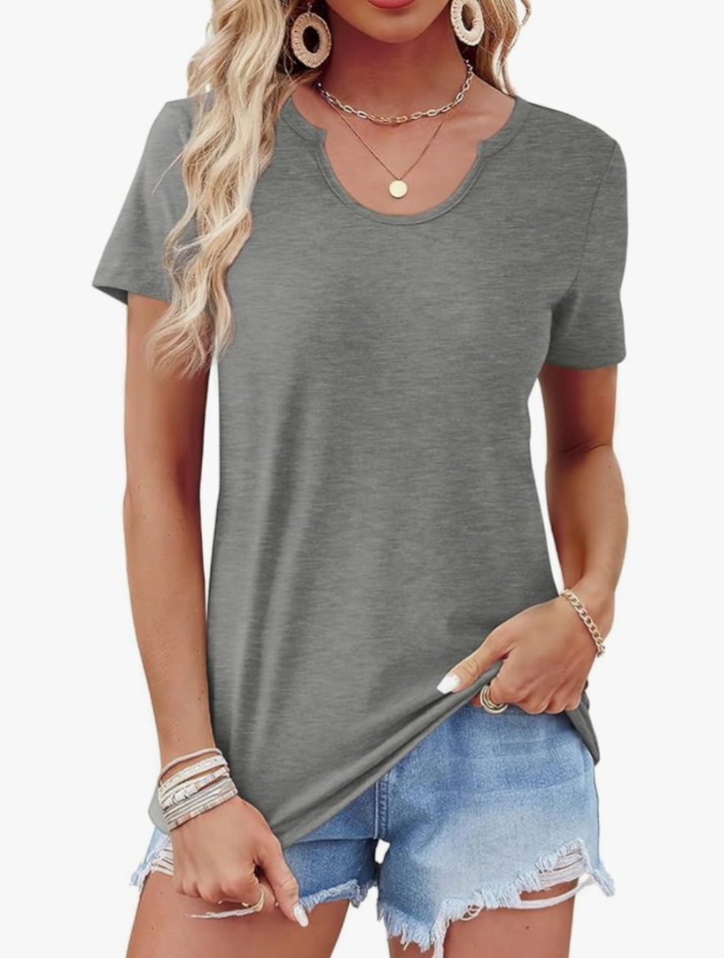 WIHOLL Summer Tops for Women Scoop Neck Basic Tees Short Sleeve Casual T-Shirts Loose Fit, Grey, size M