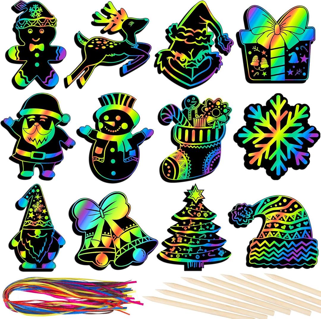 RICEDUO 48 Pcs Christmas Scratch Crafts Art for Kids, Rainbow Christmas Scratch Paper Art with Wooden Sticks, Xmas Ornaments for Kids Party Favors Supplies