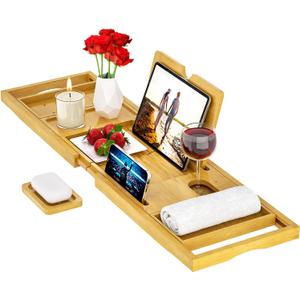 Premium Bathtub Tray Caddy - Bath Tray Bamboo Expandable - Bath Tub Tray Table for Bathtub - Expandable Size, Fits Most Bath Tubs - Natural Bamboo Wood
