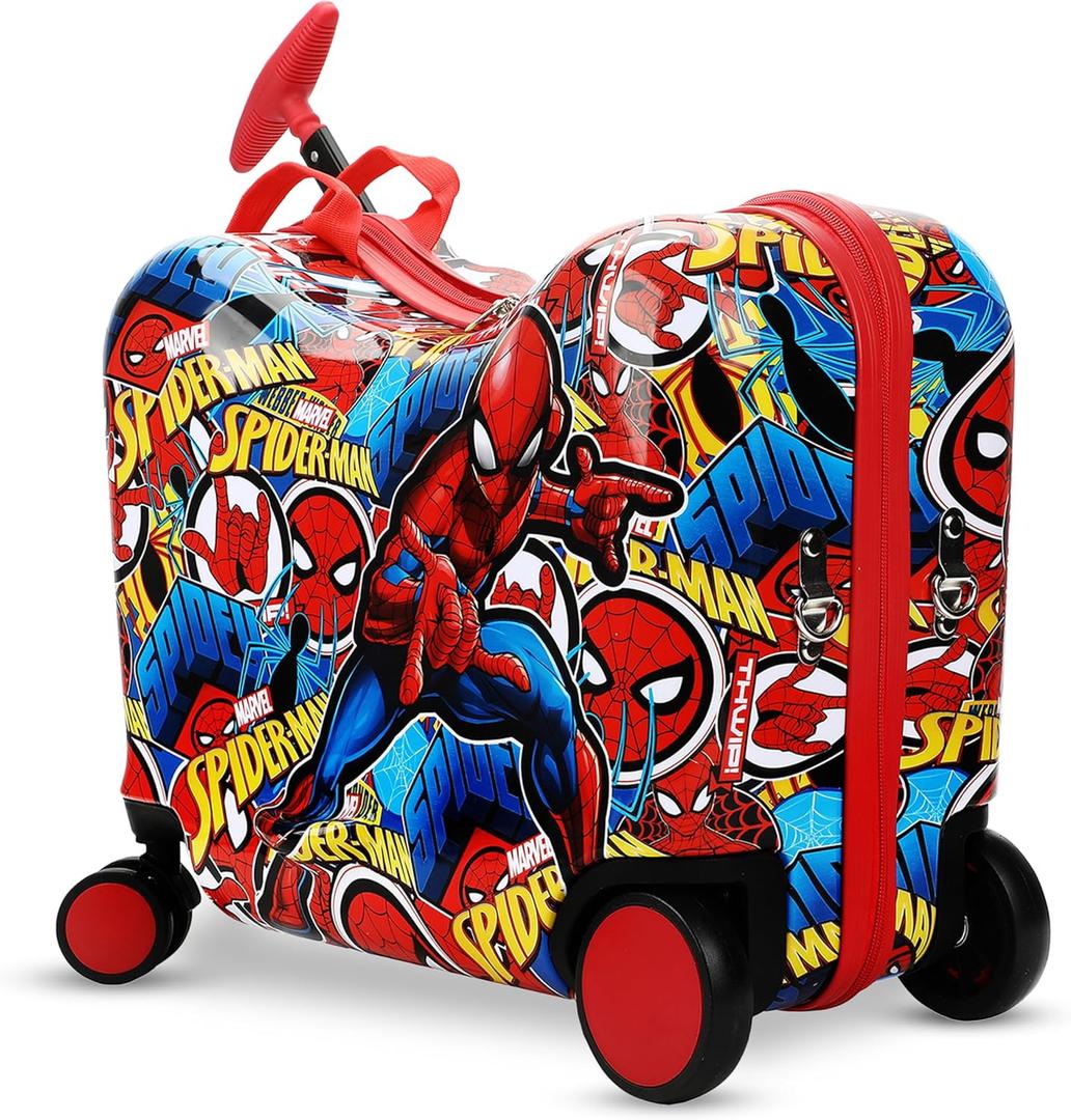 Bioworld Spider-Man Ride-On Suitcase for Kids, 18-Inch Hardside Luggage | Kids ride-on luggage with built-in seatbelt, retractable handle, child grab handle, interior valet straps and rolling wheels