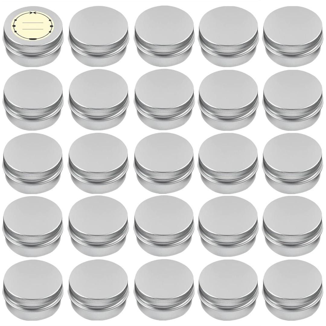 TUZAZO 24Pack 2 Oz Aluminum Tin Cans with Screw Lid and Labels, Refillable Travel Sized Cosmetic Containers Small Tins for Salves, Lotion Bars, Beard Balms, Candles