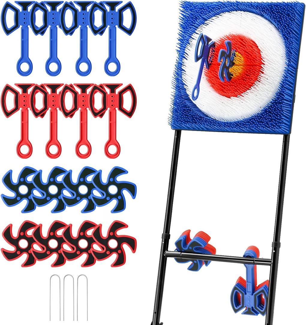 A11N SPORTS Axe Throwing Game with Steel Frame and Bristle Target, Safe Indoor Outdoor Target Game Set, Adjustable Height Yard Game with Axes & Stars for Backyard, Lawn, or Party Play (Blue/Red), Medium to Large