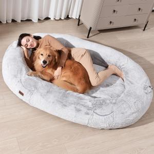 Giant Human Sized Dog Bed for Adults and Pets, 74"x50"x12" Pressure Relieving Memory Foam for Ultimate Comfort, Waterproof & Machine Washable Cover, Family Bedroom Lounger, Grey White