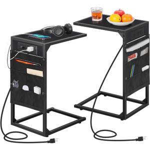 C Shaped End Table Set of 2, TV Tray with Charging Station, USB Ports and Outlets, Slide Under Couch, Storage Bag, for Small Spaces, Black