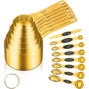 GuDoQi 15pcs Gold Magnetic Measuring Spoons and Cups Set, Stainless Steel 8 Dual Sided Magnetic Measuring Spoons set with Leveler, 7 Cups, Measurement for Liquid and Dry Ingredients for Kitchen