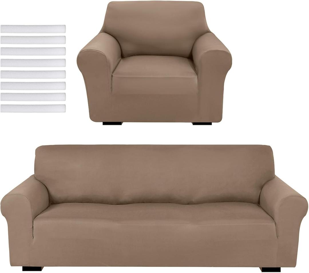HunnmingRe 2 Pcs Sofa Slipcover Set Couch Cover for Sofa Arm Chair Couches Covers, Washable Furniture Covers for Living Room Furniture Protector, Stretch (Camel)