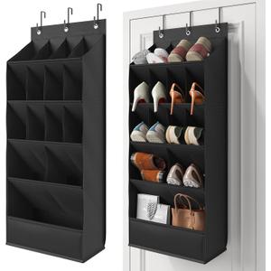 18 Pairs Over the Door Shoe Organizer, Shoe Rack for Closet Door with Large Breathable Pockets, Hanging Shoes Rack for Boots, Behind the Door Organizer Shoe Holder for Categorized Storage, Black