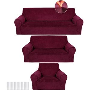 Peryiter 3 Pcs Slipcover Set for Couch Furniture Covers for Sofa Loveseat Couch Arm Chair, Form Fit Stretch, Wrinkle Free, Furniture Protector(Burgundy, Velvet)