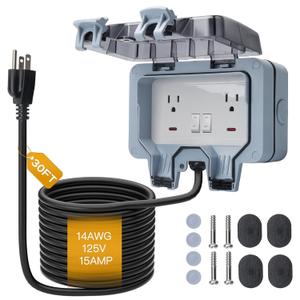 STARELO Outdoor Power Outlet with 30FT Extension Cord, IP66 Waterproof Outdoor Wall Power Socket with Cover, 125V 15Amp 2-Gang Switched Wall Plug Socket Box with Switch On-Off and LED Indicator