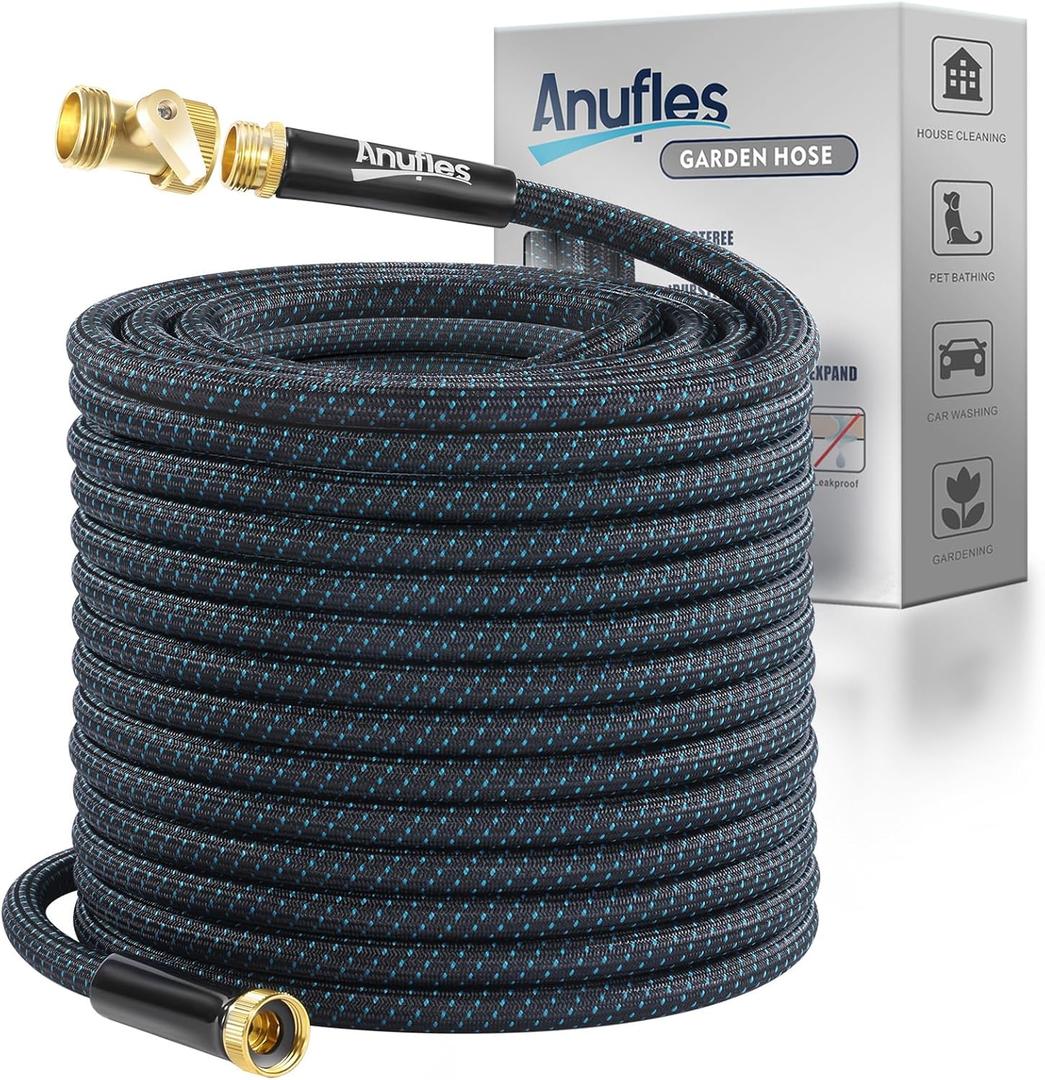 Garden Hose 50FT, Lightweight 3-Layer PVC Flexible Water Hose, No Kink, Leak-Resistant, High-Pressure with Meatl Fittings, Durable for Outdoor, Gardening, Washing Cars, Easy to Store (Black+Blue)