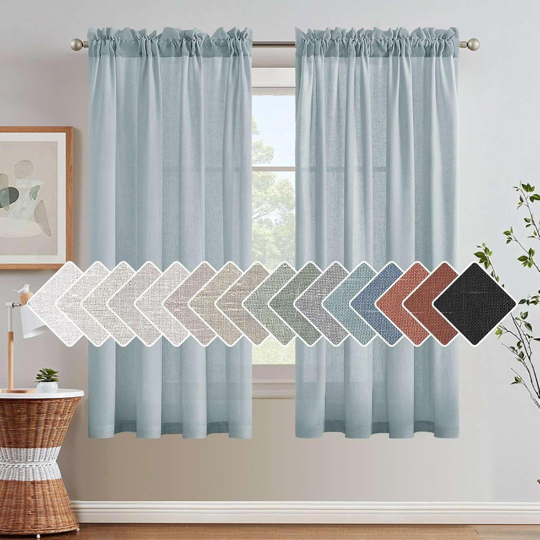 H.VERSAILTEX Linen Curtains Elegant Natural Linen Semi Sheer Curtains Energy Light Filtering Rod Pocket Window Treatments Panels for Living Room (Set of 2, Cloud Blue, 52 inch W X 63 inch L)