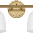 Gold Bathroom Vanity Light Fixtures, 2-Light Over Mirror, Traditional Vanity Lights for Living Room, Milk White Glass Shades, Standard E26 Base, Aged Brass, 16.3" W x 9.4" H x 6.25" D