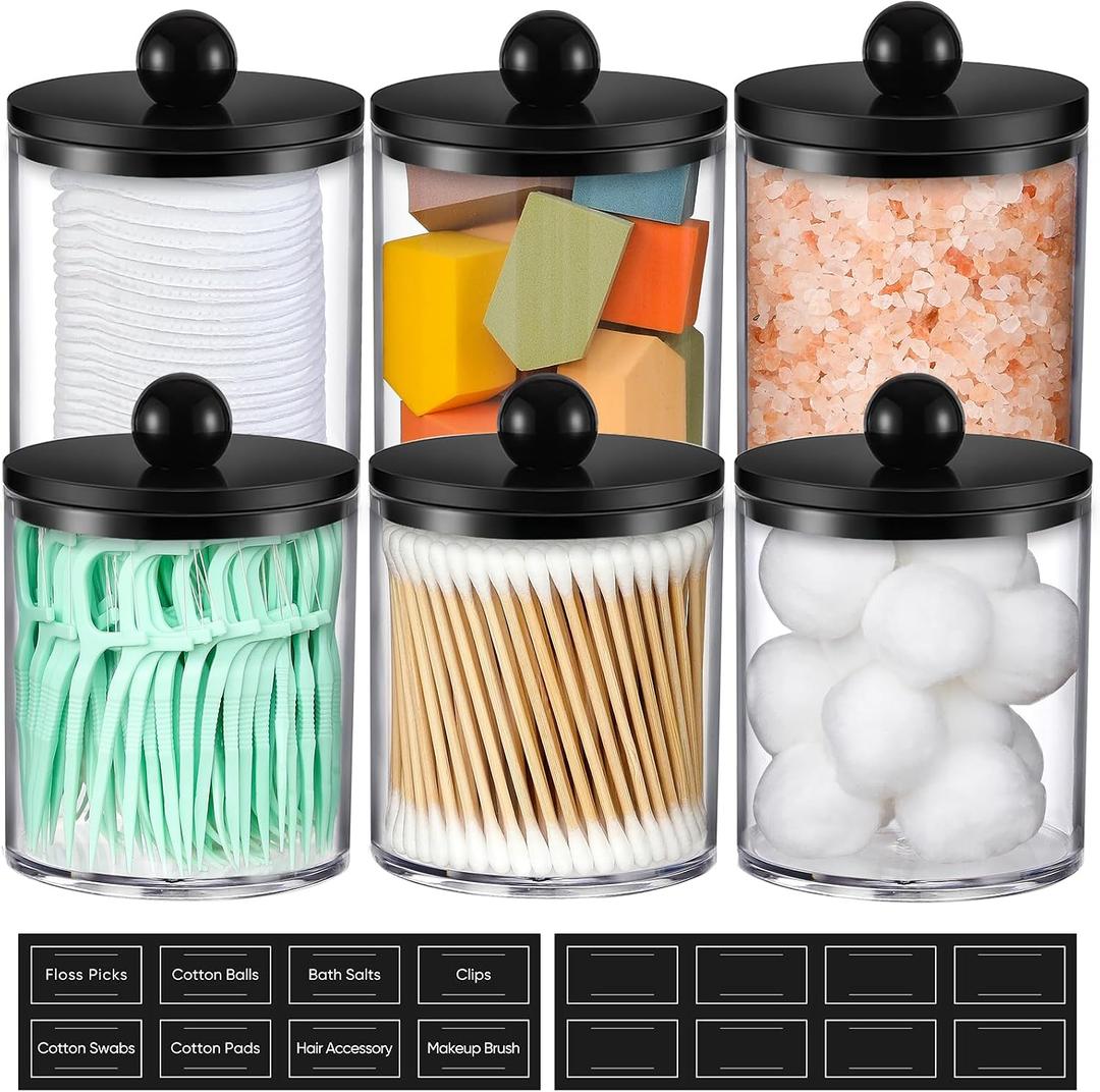 6 Pack Acrylic Qtip Holder Dispenser for Cotton Swabs, Balls, Pads, Floss - Plastic Canister Apothecary Jar Set, Bathroom Essentials Accessories Decor Vanity Makeup Storage Organizer - Clear & Black