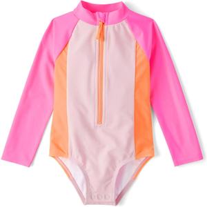 The Children's Place Baby Girl's and Toddler Long Sleeve Half Zip One Piece Rashgaurd Swimsuit (9-12 Months, Neon Peony)