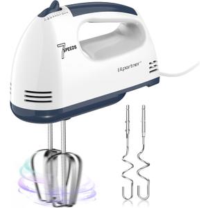 LILPARTNER Hand Mixer Electric, Small Food Mixer 7 Speeds Handheld Blender, 304 *(2* Beater, 2*Dough Hook) Kitchen Blender for Cream, Cookies, Dishwasher Safe, White