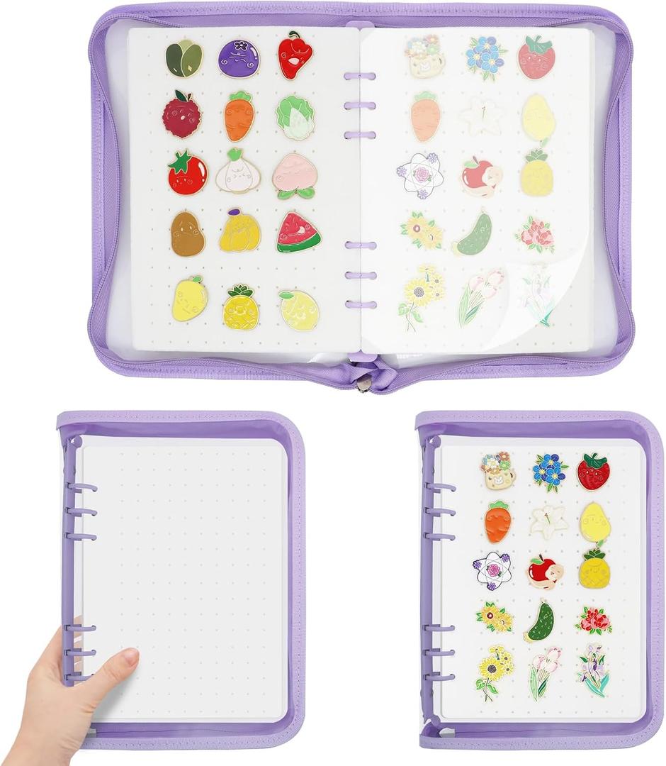 LIQALU 6 Pages Pin Trading Binder Book Enamel Pin Display Collection Holder | A5 Clear Zipper Cover, 6-Felt-Page, 6 Clear Protective Sleeves, Purple Portable Pin Organizer Storage Case, Travel Collectors