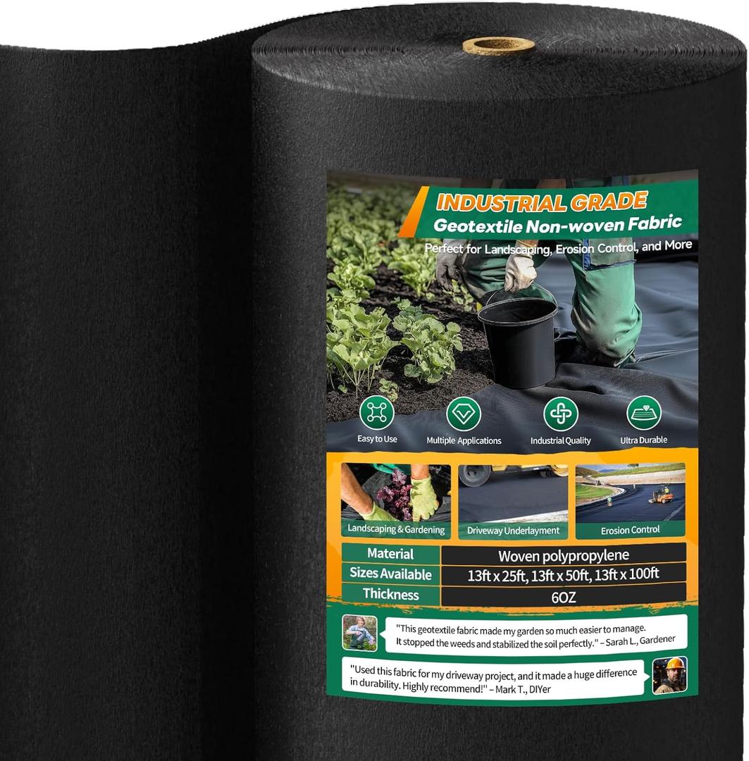 Geotextile Fabric - 13x100FT, Non Woven Fabric 6OZ, Premium Landscape Fabric, Weed Barrier Fabric Heavy-Duty for Landscaping, French Drains, Underlayment, Erosion Control, Construction Projects
