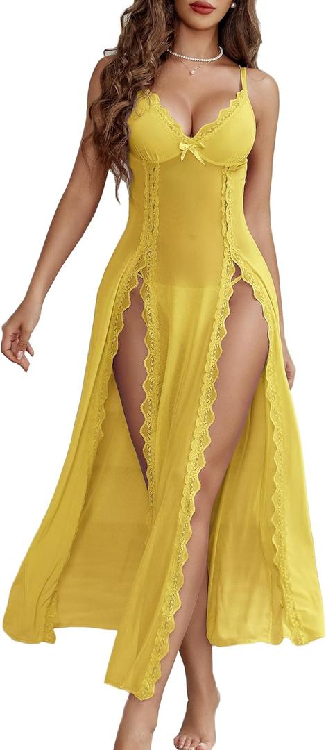 Avidlove Women Lingerie Lace Babydoll Chemise Sexy Mesh Nightdress V Neck Nightwear Side Split Nightgown (XX-Large, Yellow)