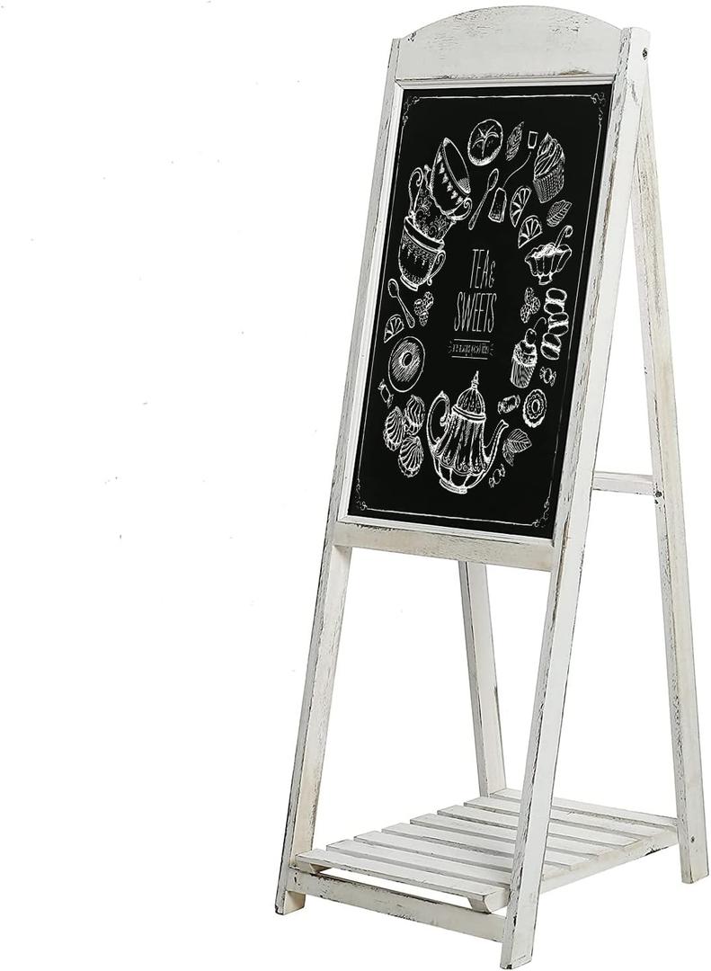 MyGift 45 Inch Tall Vintage White Weathered Paulownia Wood Sidewalk Chalkboard Sign with Plant Shelf Stand, Freestanding A-Frame Easel Erasable Message Board