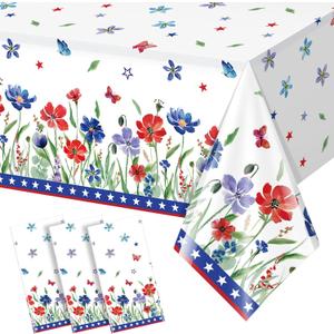 3 Pack Patriotic Poppy Flower Tablecloth Decorations, 4th of July Plastic Table Cover, Watercolor Red White and Blue Party Decorations for Patriotic Independence Veterans Memorial Day, 54 x 108 Inch