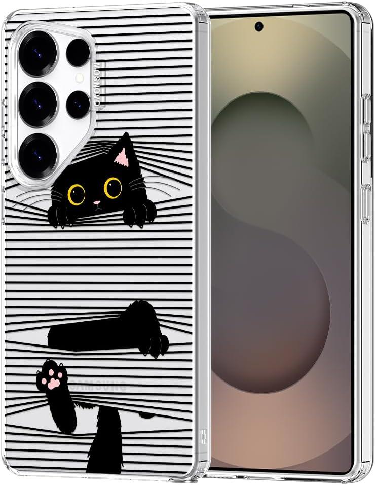 MOSNOVO Case for Samsung Galaxy S25 Ultra, [Buffertech 6.6ft Military-Grade Drop Protection] [Anti Peel Off Tech] Clear TPU Bumper Phone Case Cover Design - Hidden Black Cat