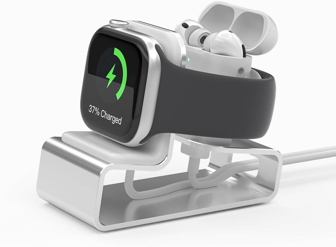 Stand for Apple Watch Charger, 2 in 1 Aluminum Airpod iWatch Charging Stand Dock Holder Compatible with Apple Watch Series 9 8 Ultra SE2 7 6 SE 5 4 3 2 and AirPods 1/2/3/Pro for Nightstand Mode (Silver)