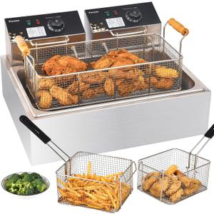 Electric Deep Fryer 22.6L/24QT Stainless Steel Large Capacity Commercial Fryer with Basket, 3400W 110V Countertop Deep Fryer for Home Kitchen and Restaurant Use withTemperature Control, Size: 83