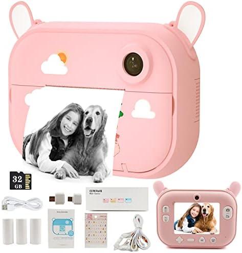 Kids Camera Instant Print Camera Christmas Birthday Gifts for Girls Toy Pink with 3 Rolls Paper and 32GB TF Card