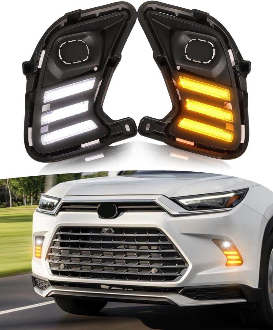 LED Fog Lights Bezel Assemblies for 2026 2025 2024 Toyota Grand Highlander DRL Daytime Running Lights Amber Turn Signal Fog Lamps Cover