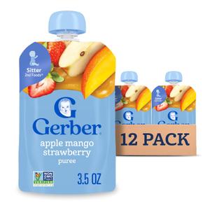 Gerber Stage 2 Baby Food, Apple Mango Strawberry Puree Pouch, 2 Servings of Fruit, No Added Sweetener, No Artificial Colors or Flavors, 12-Pack BB 8/31/26