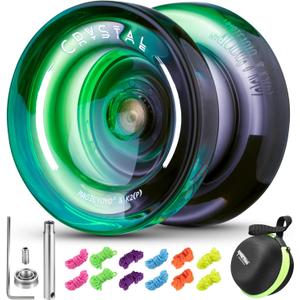 Yoyo K2 Crystal - Professional Responsive Yoyo for Kids Beginners, Dual Function Yo Yo for Adults Advanced + Extra Unresponsive Bearing + 12 Yo-yo Strings + Storage Bag + Removal Tool ( Black Green)