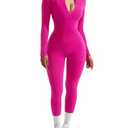SUUKSESS Women Long Sleeve Ribbed Jumpsuit Sexy Zip up Front Workout One Piece Bodycon Jumpsuit Romper (Hot Pink, L)