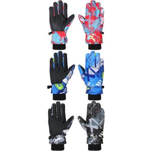Bencailor 3 Pairs Kids Winter Gloves Waterproof Snow Ski Gloves Warm Windproof Adjustable Mittens for Boy Girl Outdoor (6-10 Years, Red, Blue, Gray)