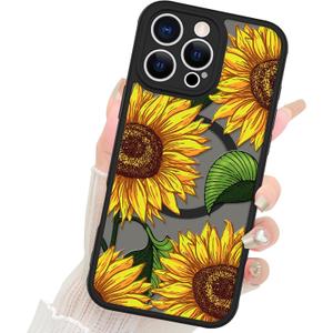 Fiyart Designed for iPhone 16 Pro Case Cute Sunflower Flowers Design Compatible with MagSafe,Soft Bumper with Hard PC Back Anti-Scratch Phone Cover for Women Girls 6.3"-Yellow