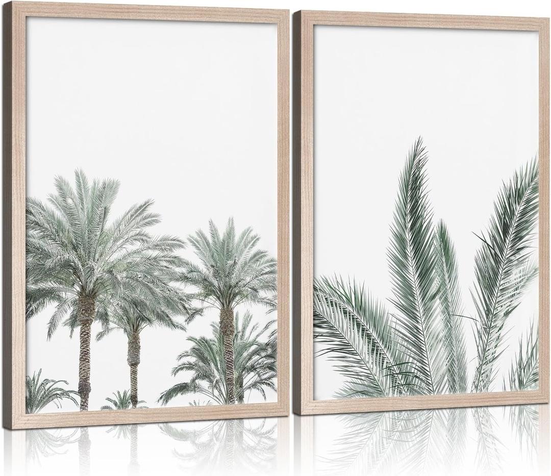 Framed Vintage Canvas Wall Art Palm Tree Leaves Poster Picture Modern Countryside Painting Nature Scenery Contemporary Home Print Living Room Gallery Office Ready to Hang 12x16 Inch x2