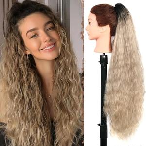 Cetiq Claw Long Wavy Ponytail Extension Ombre Brown Mix Blonde 30" Curly Pony Tail Clip in Hair Extensions for Women Fluffy Natural Looking Synthetic Hairpiece for Daily Use