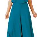 ROYLAMP Women's Summer 2 Piece Outfits Round Neck Crop Basic Top Cropped Wide Leg Pants Set Jumpsuits (Blue, M)