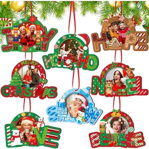 Yalikop 16 Pcs Christmas Photo Frame Ornaments Wooden Nutcrackers Santa Snowman Snowflake Picture Frame Tree Decoration DIY Photo Keepsakes for Xmas Party Decorations Winter Holiday Gift (Wishes)