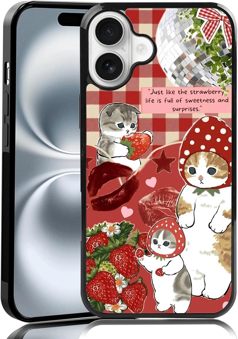 Cute Strawberry Cat Phone Case Fit for iPhone 16 Plus  TPU Whimsical and Sweet Funny Kawaii Cat Phone Cover Gift for Boy Girl Men Women