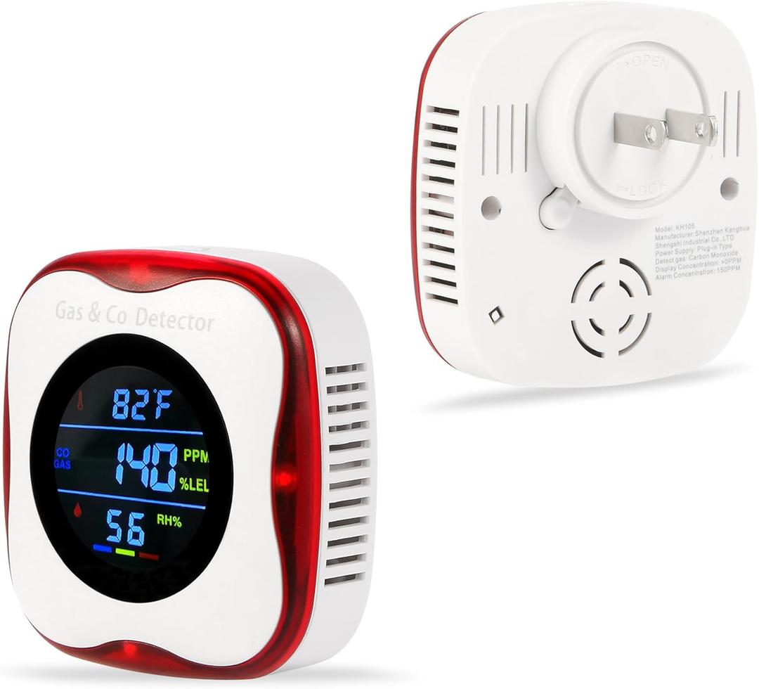 Combination Gas & Carbon Monoxide Detector, Plug in Natural Gas Detector,Propane,Methane,Carbon Monoxide Alarm for Home,Apartment,RV,4-in-1 Color Display Level: PPM,%LEL,F and RH%